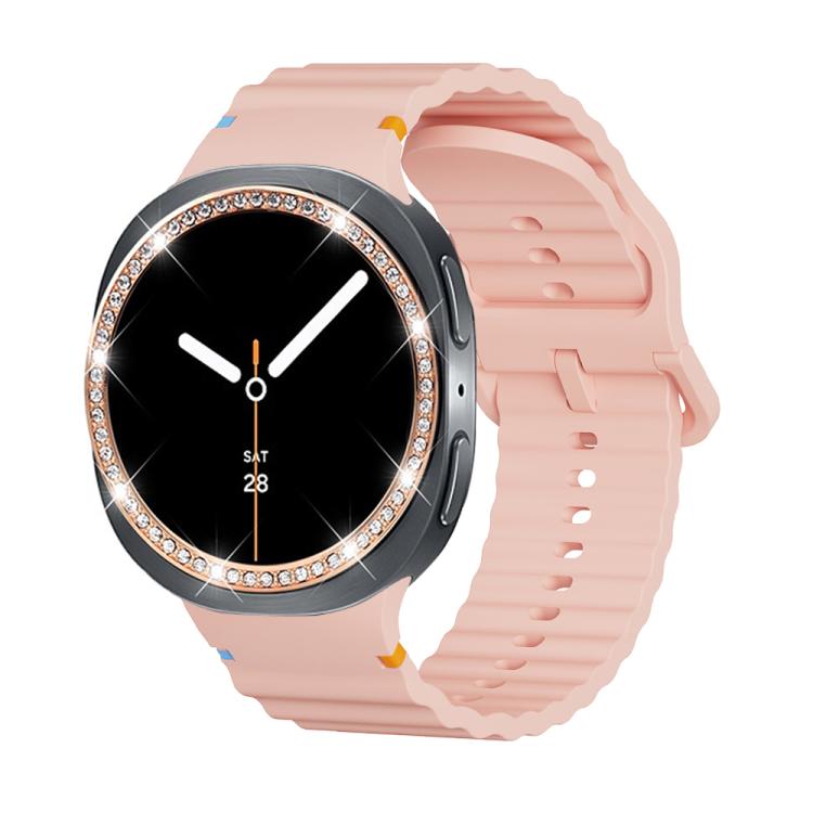 For Samsung Galaxy Watch8 44mm Diamond Bezel and Wavy Grain Stitched Color Buckle Silicone Watch Band
