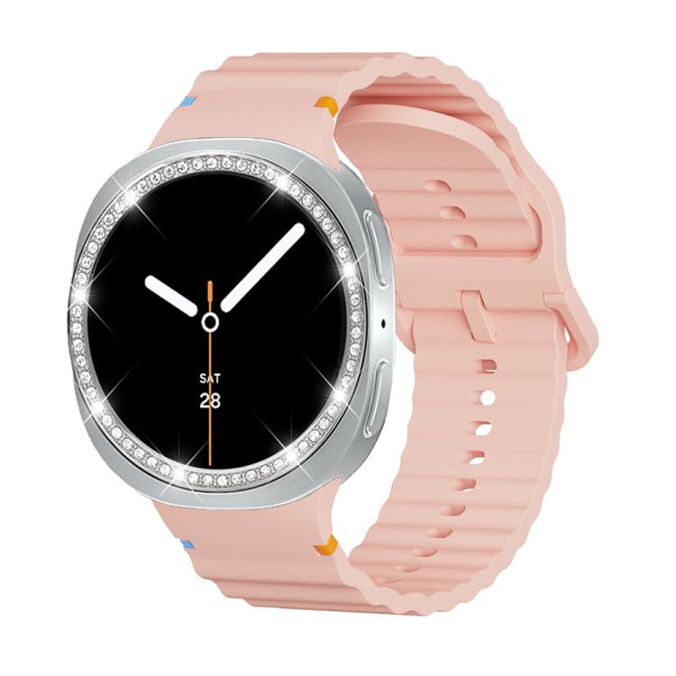 For Samsung Galaxy Watch8 40mm Diamond Bezel and Wavy Grain Stitched Color Buckle Silicone Watch Band