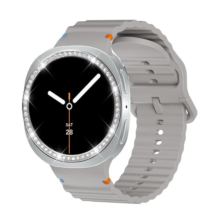 For Samsung Galaxy Watch8 40mm Diamond Bezel and Wavy Grain Stitched Color Buckle Silicone Watch Band