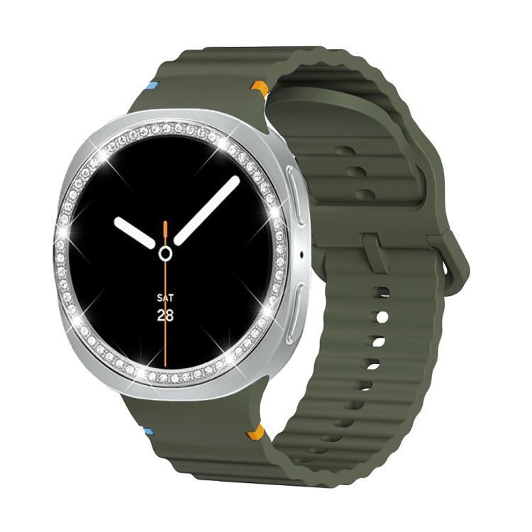 For Samsung Galaxy Watch8 40mm Diamond Bezel and Wavy Grain Stitched Color Buckle Silicone Watch Band