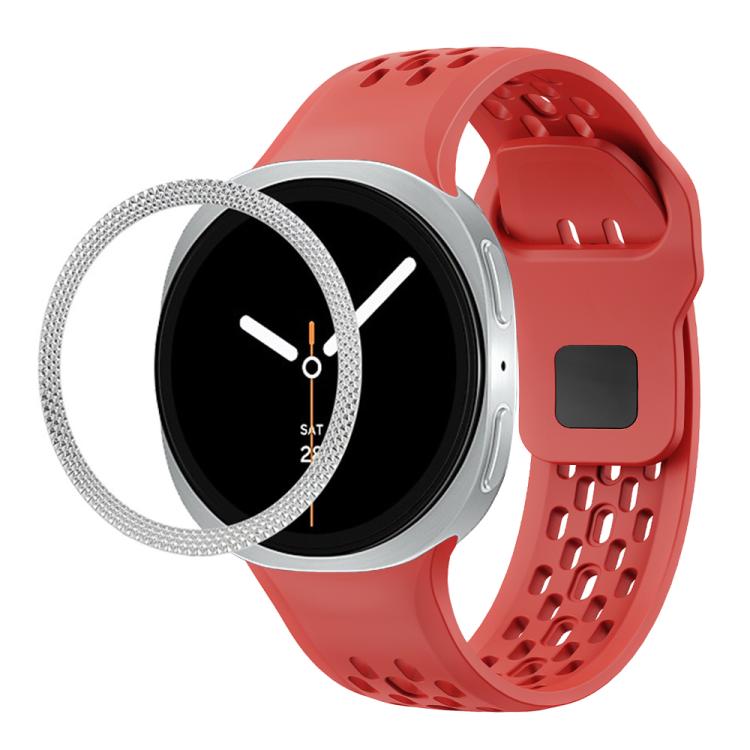 For Samsung Galaxy Watch8 44mm Rhombic Texture Bezel and Black Reverse Buckle Silicone Watch Band