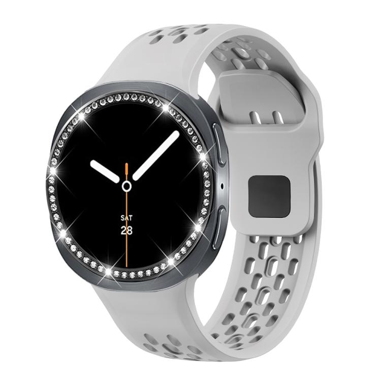For Samsung Galaxy Watch8 44mm Diamond Bezel and Black Reverse Buckle Silicone Watch Band