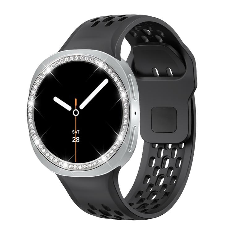 For Samsung Galaxy Watch8 40mm Diamond Bezel and Black Reverse Buckle Silicone Watch Band