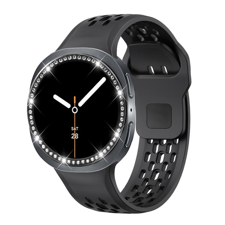 For Samsung Galaxy Watch8 40mm Diamond Bezel and Black Reverse Buckle Silicone Watch Band
