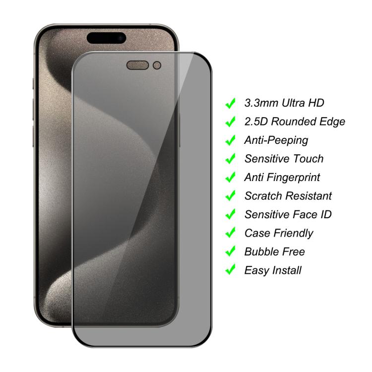 For iPhone 15 Pro Max JUNSUNMAY 25pcs Silk Print Full Coverage Privacy Tempered Glass Film