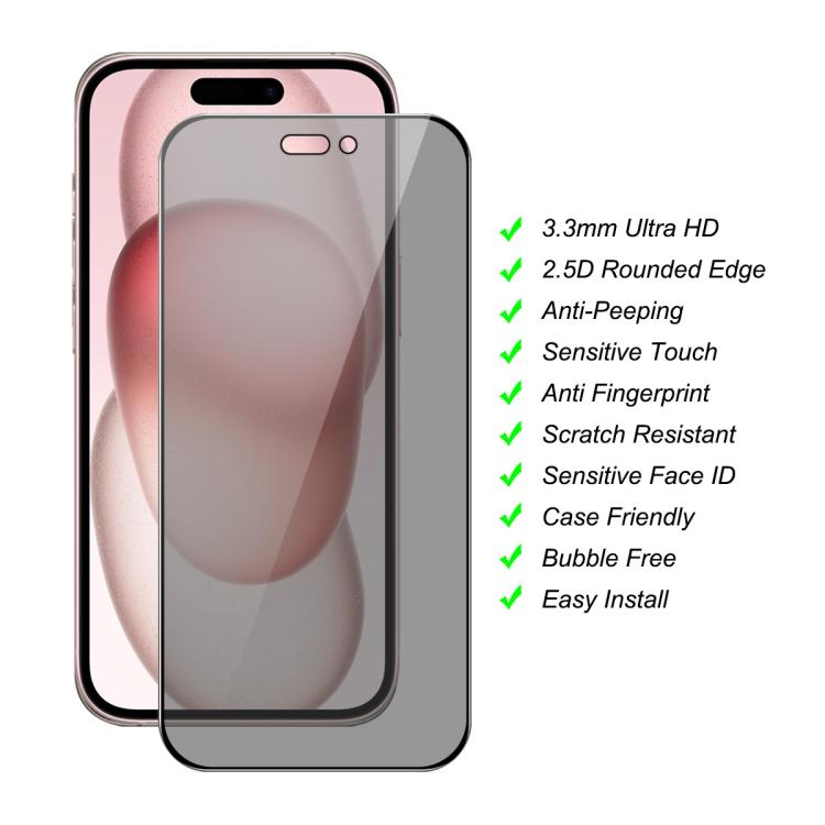 For iPhone 15 JUNSUNMAY 25pcs Silk Print Full Coverage Privacy Tempered Glass Film