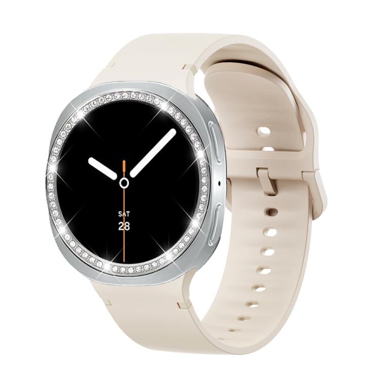 For Samsung Galaxy Watch8 44mm Diamond Bezel and Solid Color Stitched Silicone Watch Band