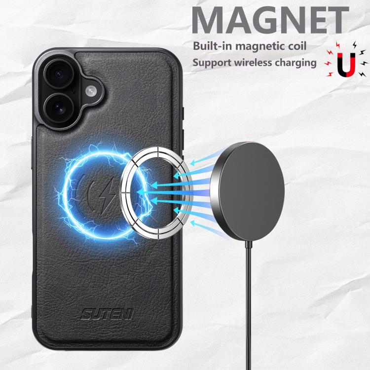 For iPhone 16 Plus Suteni G5 Litchi Leather Magnetic MagSafe Phone Case
