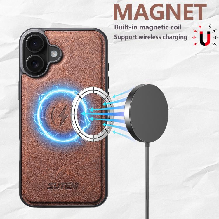 For iPhone 16 Plus Suteni G5 Litchi Leather Magnetic MagSafe Phone Case