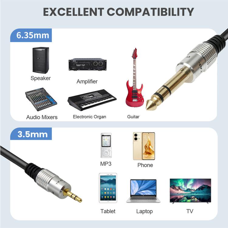 JUNSUNMAY 6.35mm Male to 3.5mm TRS Male Stereo Audio Cable Guitar Cord, Length:1.8m