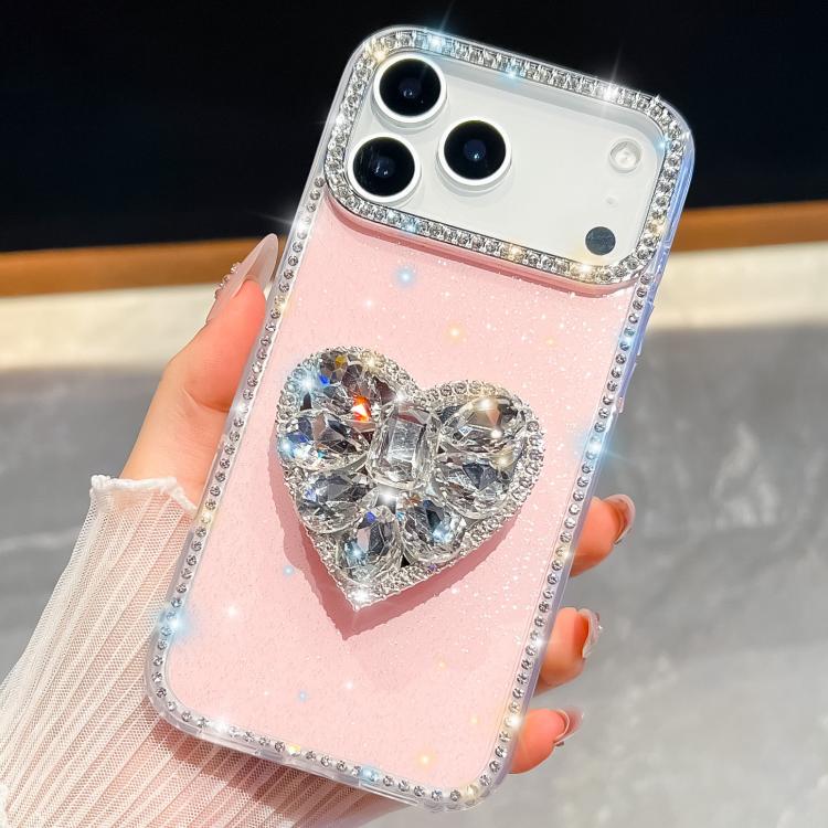 For iPhone 17 Pro Max Diamond Glitter Gemstone Heart Holder Phone Case