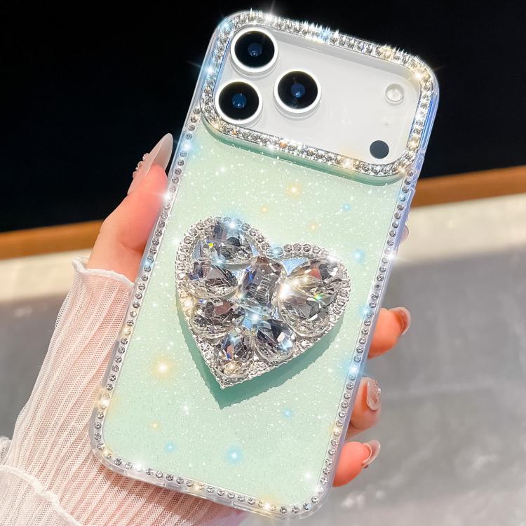 For iPhone 17 Pro Max Diamond Glitter Gemstone Heart Holder Phone Case