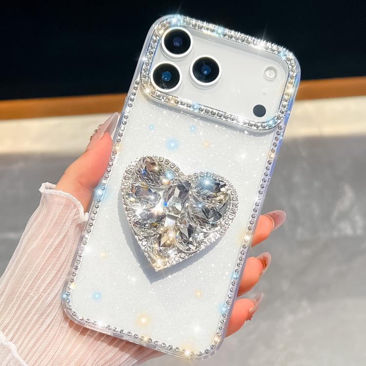 For iPhone 17 Pro Max Diamond Glitter Gemstone Heart Holder Phone Case