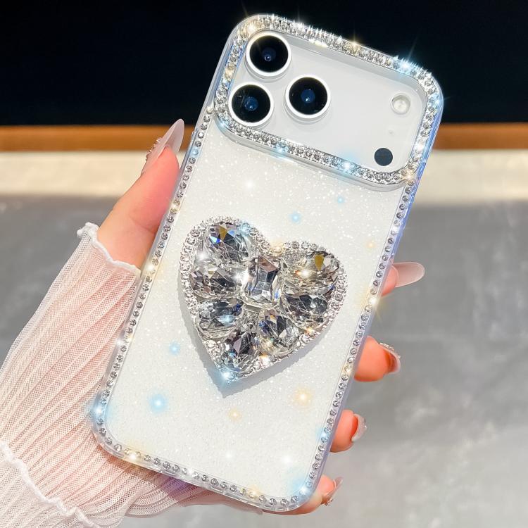 For iPhone 17 Pro Max Diamond Glitter Gemstone Heart Holder Phone Case