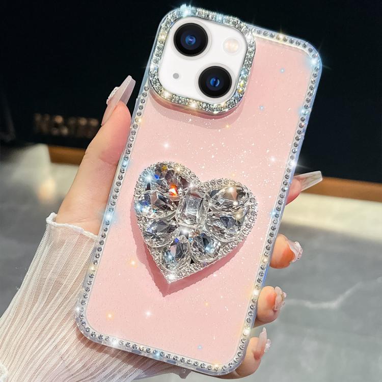 For iPhone 13 Diamond Glitter Gemstone Heart Holder Phone Case
