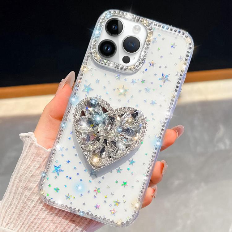For iPhone 13 Pro Diamond Glitter Gemstone Heart Holder Phone Case