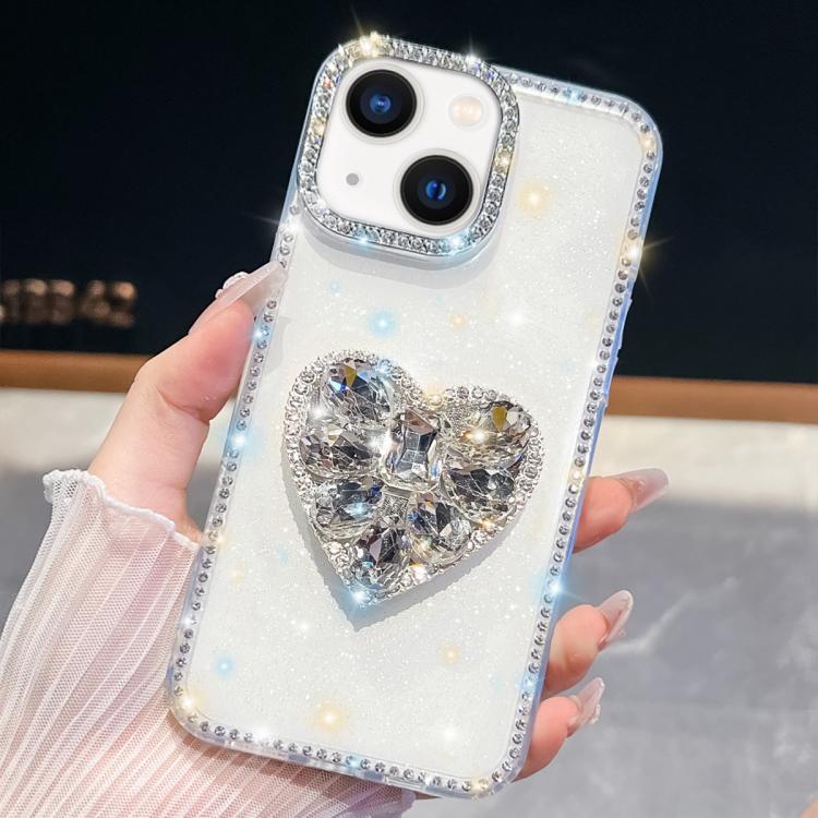 For iPhone 14 Diamond Glitter Gemstone Heart Holder Phone Case