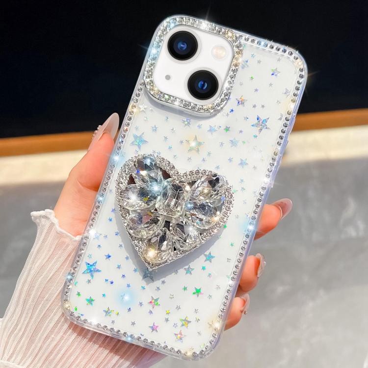 For iPhone 14 Diamond Glitter Gemstone Heart Holder Phone Case