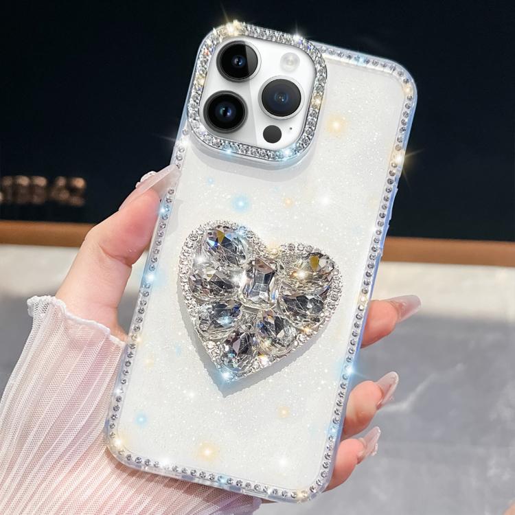 For iPhone 14 Pro Max Diamond Glitter Gemstone Heart Holder Phone Case