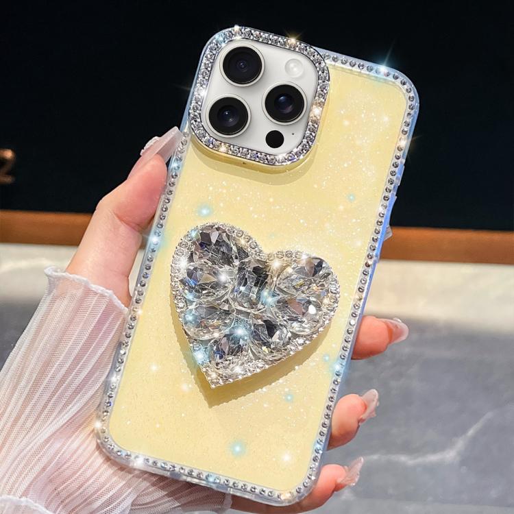 For iPhone 15 Pro Diamond Glitter Gemstone Heart Holder Phone Case