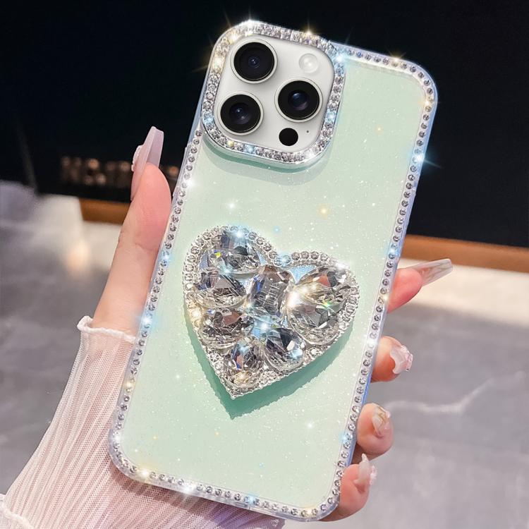 For iPhone 15 Pro Max Diamond Glitter Gemstone Heart Holder Phone Case