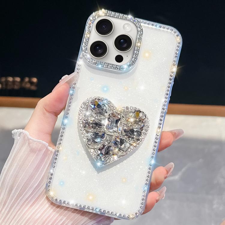 For iPhone 15 Pro Max Diamond Glitter Gemstone Heart Holder Phone Case