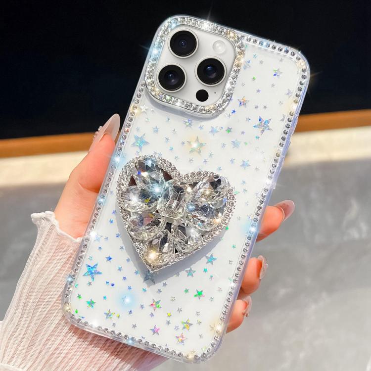 For iPhone 15 Pro Max Diamond Glitter Gemstone Heart Holder Phone Case