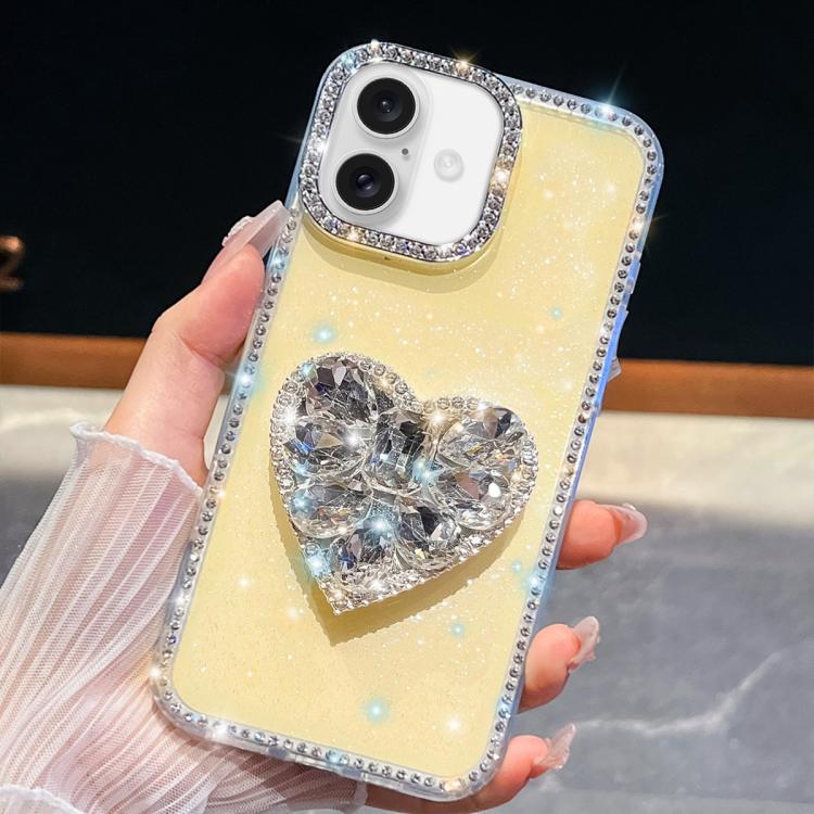 For iPhone 16 Diamond Glitter Gemstone Heart Holder Phone Case