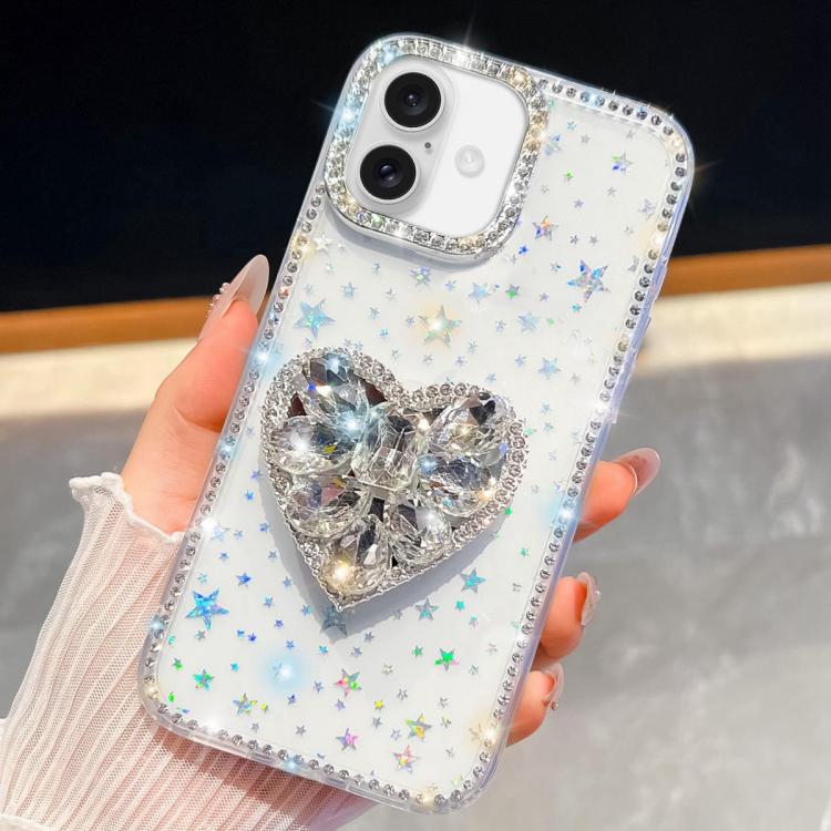 For iPhone 16 Diamond Glitter Gemstone Heart Holder Phone Case