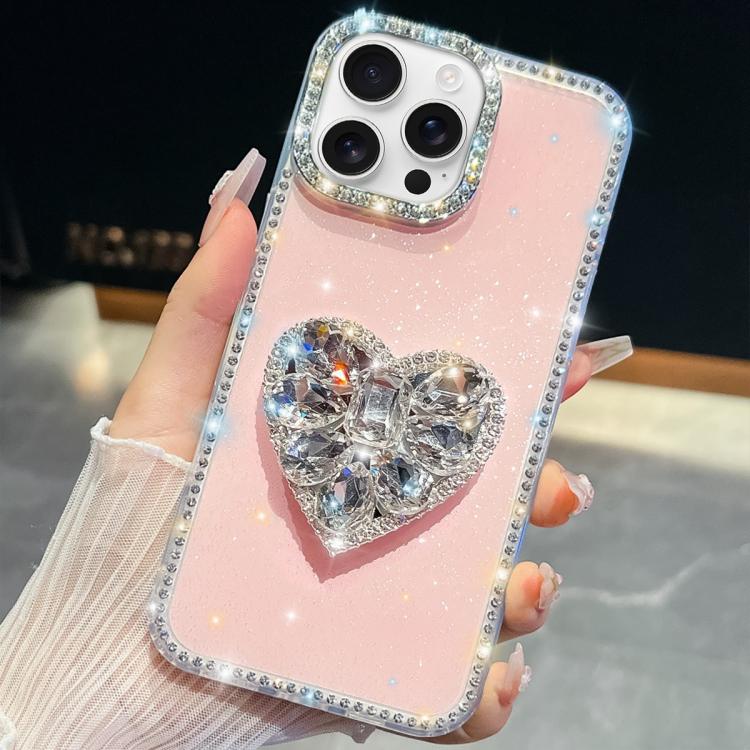 For iPhone 16 Pro Diamond Glitter Gemstone Heart Holder Phone Case