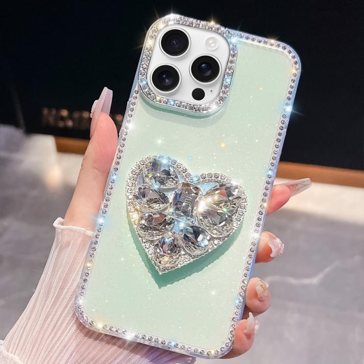 For iPhone 16 Pro Max Diamond Glitter Gemstone Heart Holder Phone Case