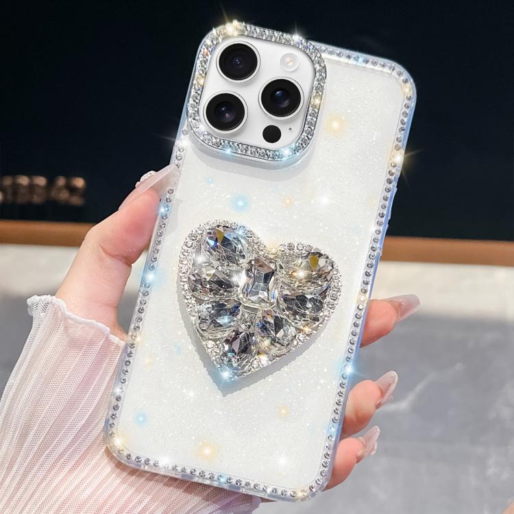 For iPhone 16 Pro Max Diamond Glitter Gemstone Heart Holder Phone Case