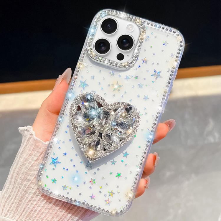 For iPhone 16 Pro Max Diamond Glitter Gemstone Heart Holder Phone Case
