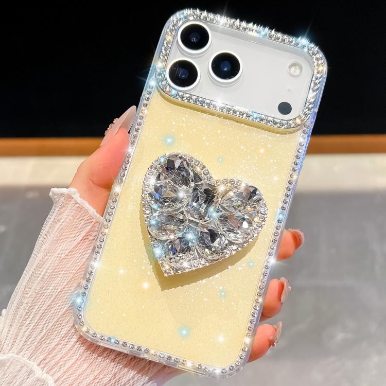 For iPhone 17 Pro Diamond Glitter Gemstone Heart Holder Phone Case