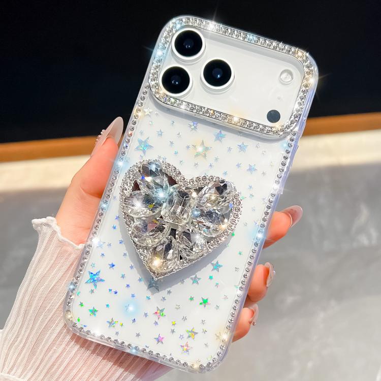 For iPhone 17 Pro Diamond Glitter Gemstone Heart Holder Phone Case