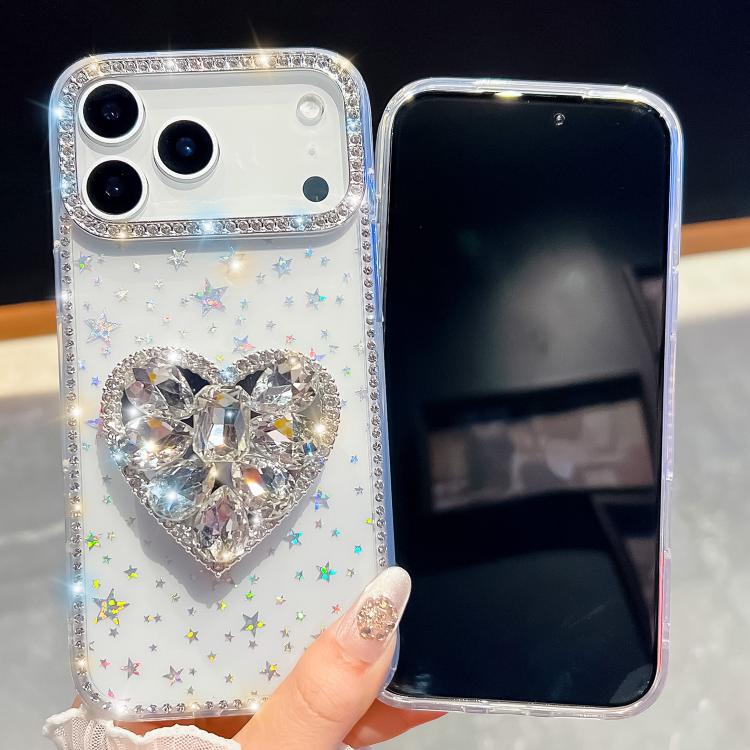 For iPhone 15 Pro Diamond Glitter Gemstone Heart Holder Phone Case