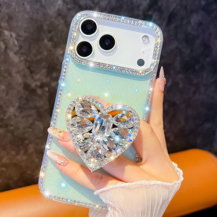 For iPhone 15 Pro Diamond Glitter Gemstone Heart Holder Phone Case