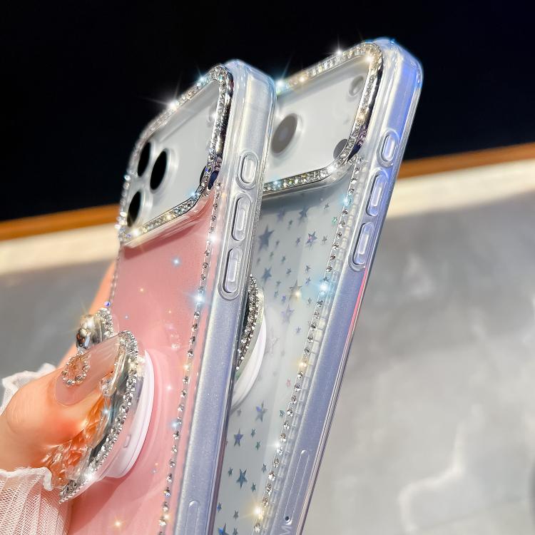 For iPhone 15 Pro Diamond Glitter Gemstone Heart Holder Phone Case