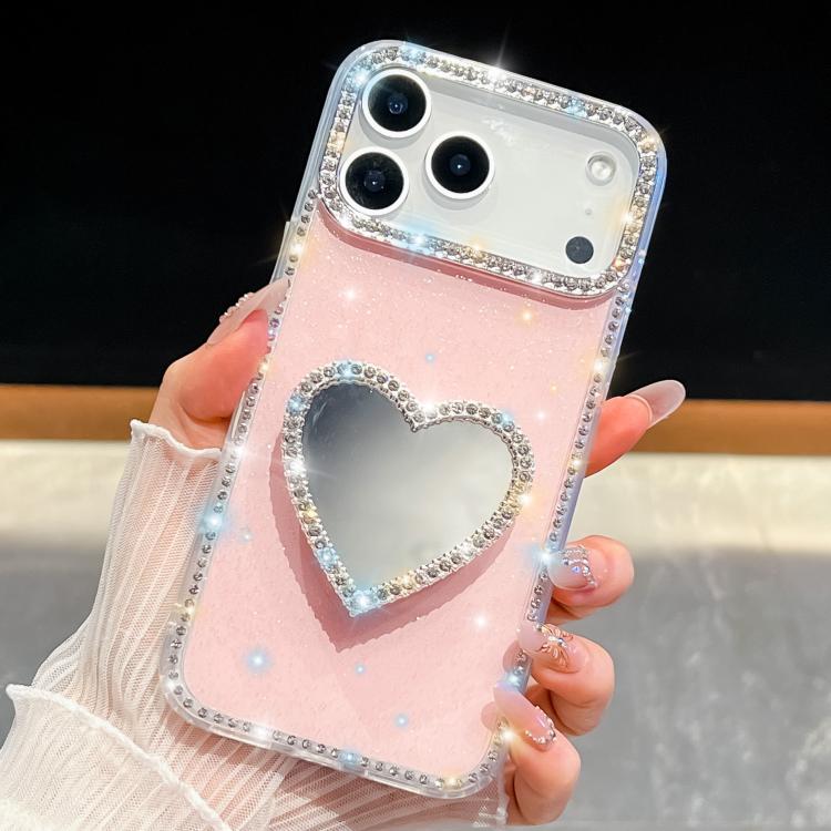 For iPhone 17 Pro Max Diamond Glitter Mirror Heart Holder Phone Case