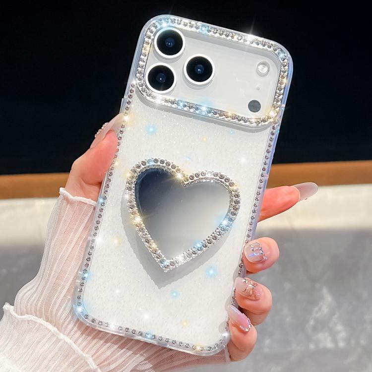 For iPhone 17 Pro Max Diamond Glitter Mirror Heart Holder Phone Case