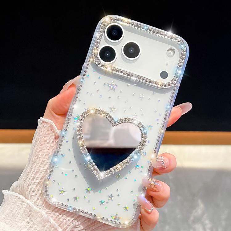 For iPhone 17 Pro Max Diamond Glitter Mirror Heart Holder Phone Case