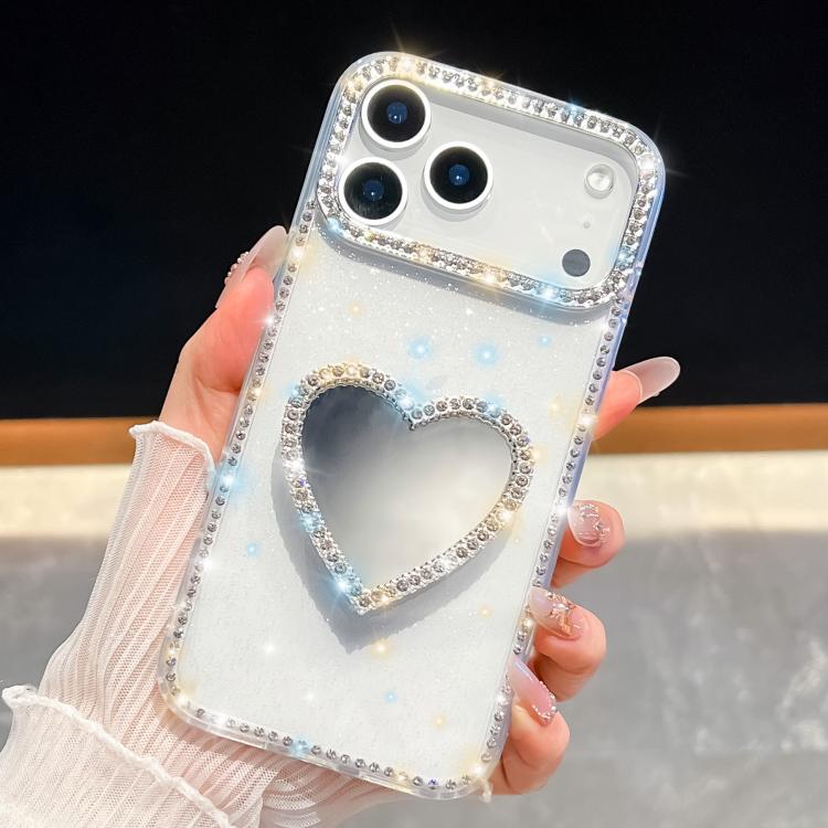 For iPhone 17 Pro Max Diamond Glitter Mirror Heart Holder Phone Case