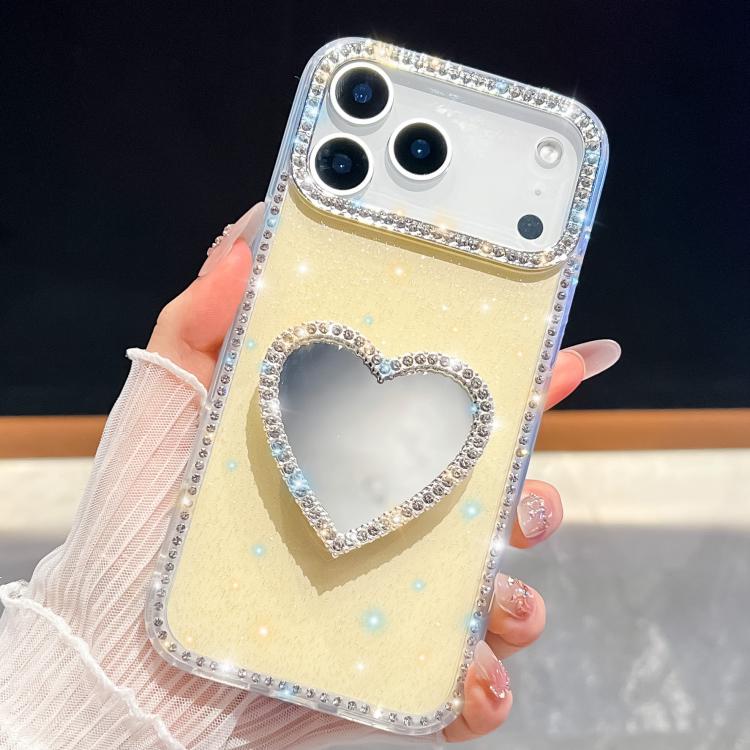 For iPhone 17 Pro Diamond Glitter Mirror Heart Holder Phone Case
