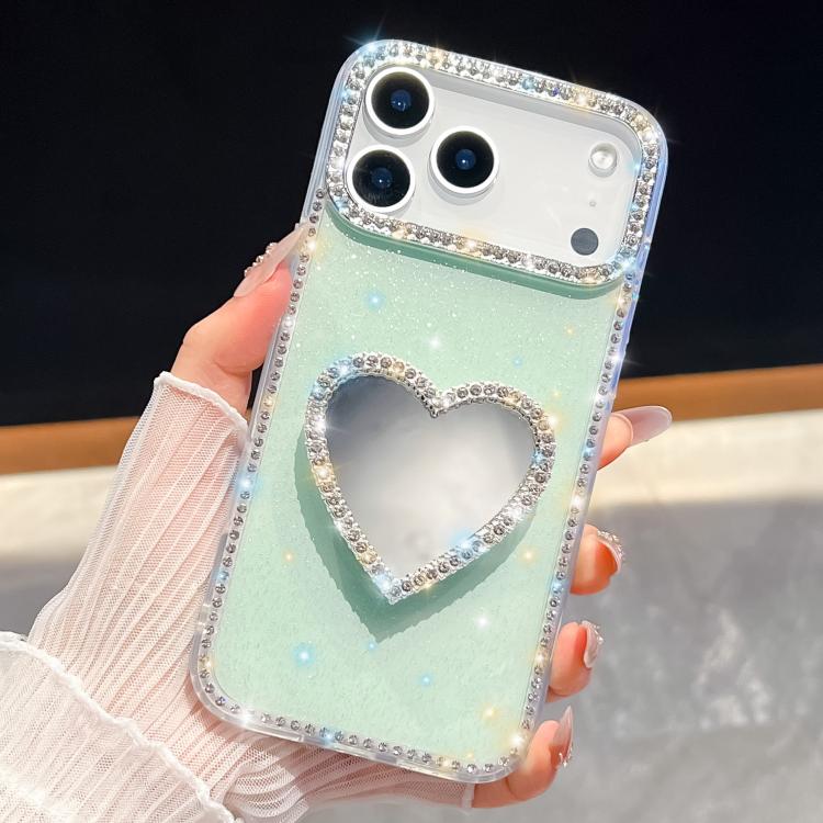 For iPhone 17 Pro Diamond Glitter Mirror Heart Holder Phone Case