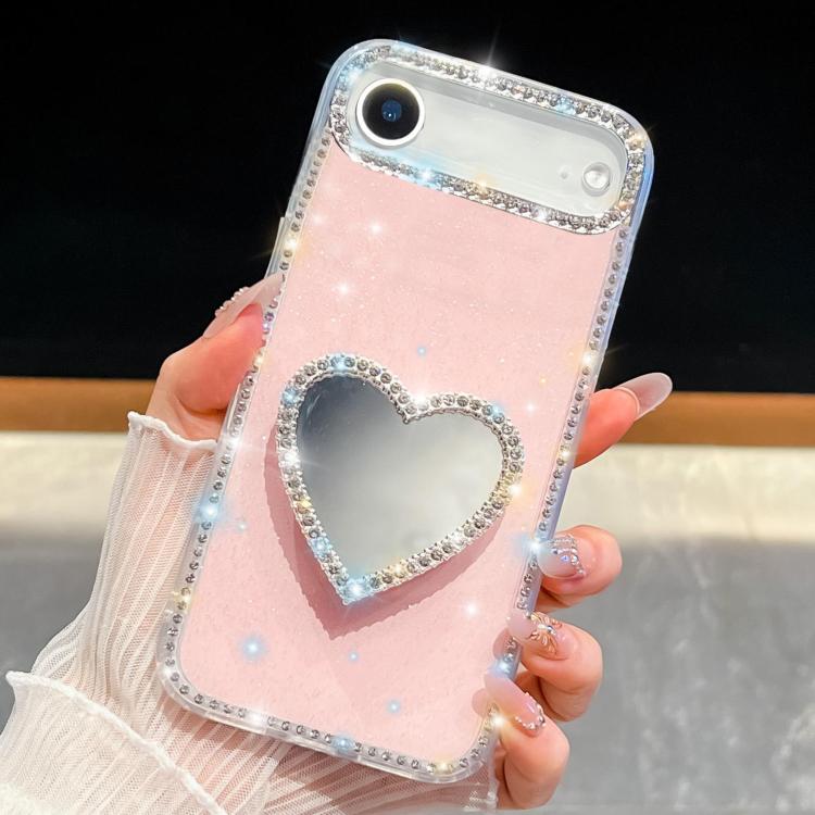 For iPhone Air Diamond Glitter Mirror Heart Holder Phone Case