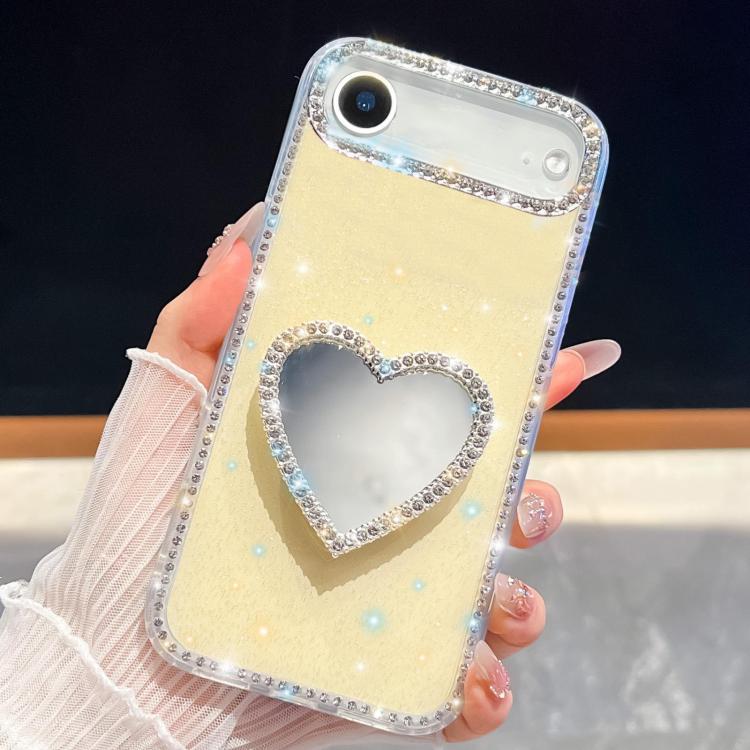 For iPhone Air Diamond Glitter Mirror Heart Holder Phone Case