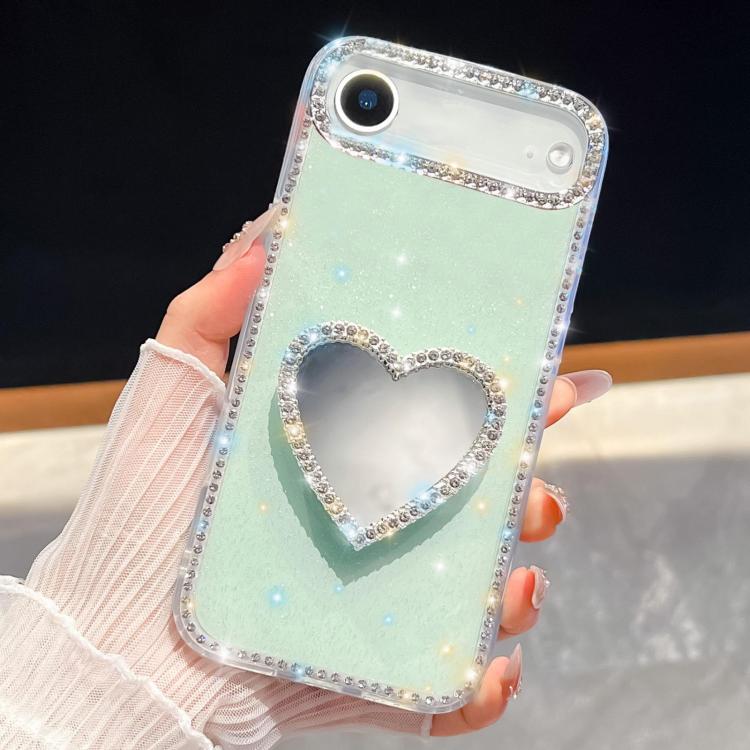 For iPhone Air Diamond Glitter Mirror Heart Holder Phone Case