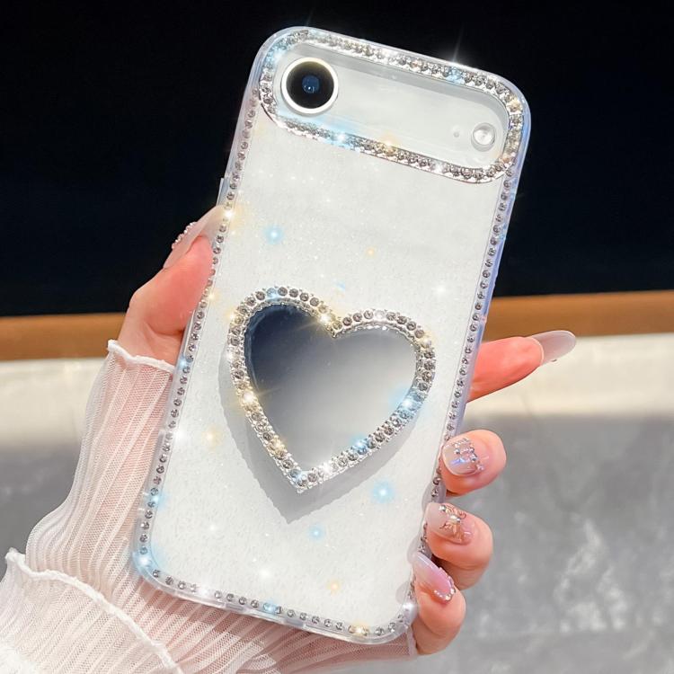 For iPhone Air Diamond Glitter Mirror Heart Holder Phone Case