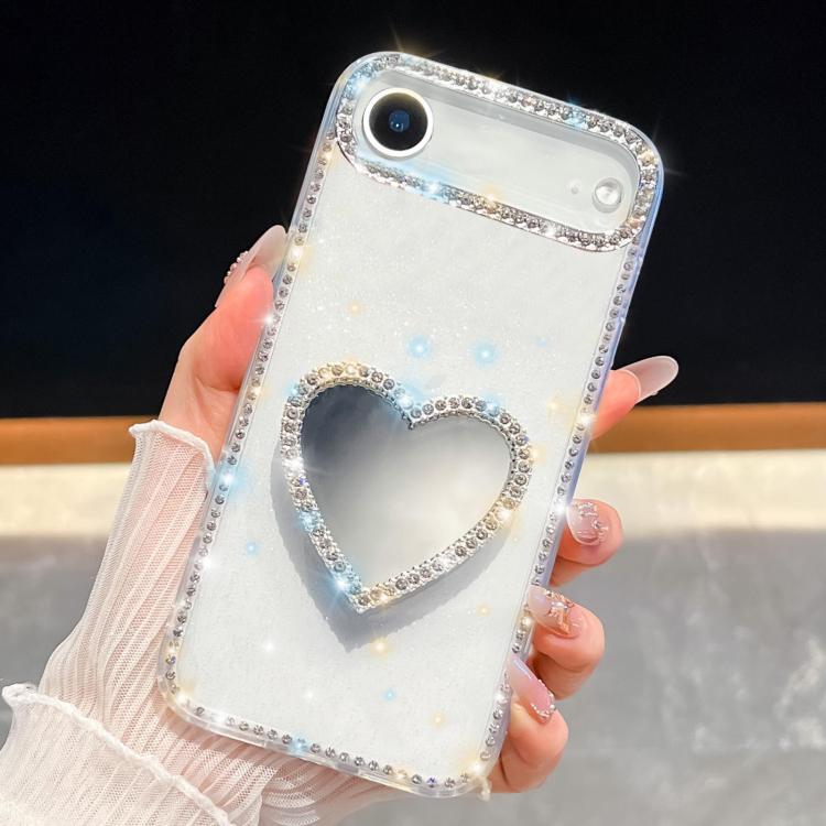 For iPhone Air Diamond Glitter Mirror Heart Holder Phone Case