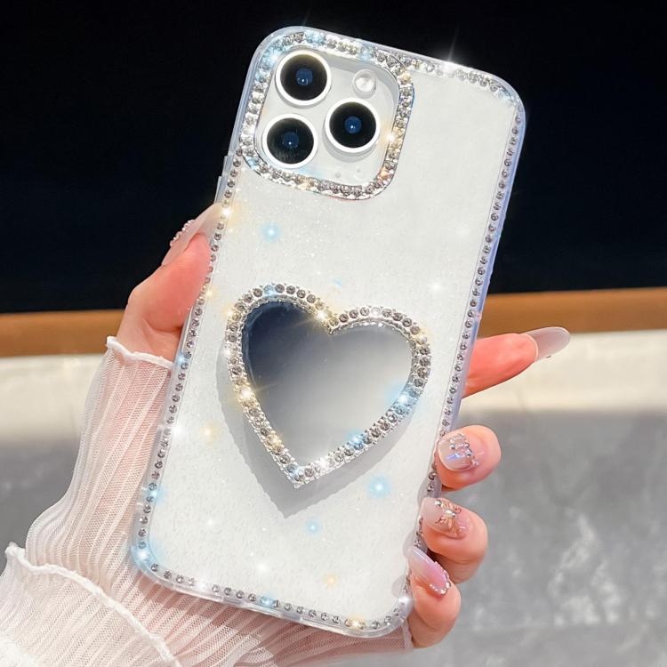 For iPhone 16 Pro Max Diamond Glitter Mirror Heart Holder Phone Case